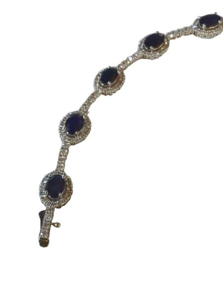 14K White Gold Custom Diamond & Blue Sapphire Bracelet with Oval Cut Sapphires and Round Brilliant Cut Diamonds