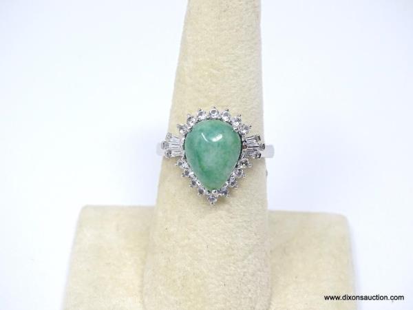 .925 STERLING SILVER DYED GREEN BERYL (EMERALD) AND WHITE SAPPHIRE RING.