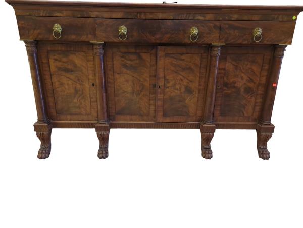 Antique Wooden Sideboard with Lion Head Door Knockers and Carved Claw Feet