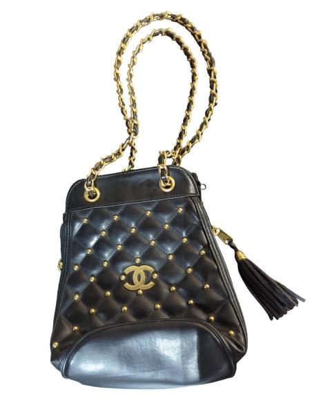 Chanel Quilted Black Leather Purse with Gold Chain, Stud Accents, and Tassel