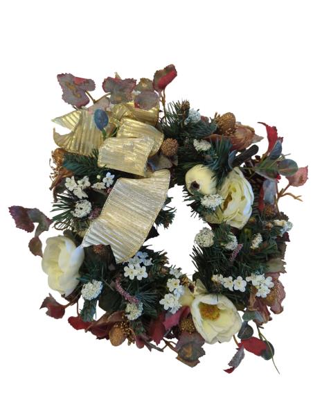 Partylite 6" Deck the Halls Floral Wreath with Flowers and Gold Ribbon, 15 cm