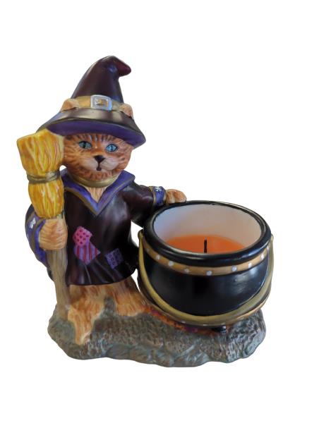 PartyLite P7343 AbracadanDLE™ Cat Figurine Votive Holder with Broom, Hat, and Cauldron Candle