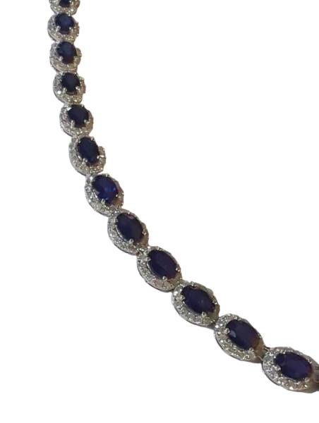 Lady's Sapphire & Diamond Necklace in 14K White Gold with Oval Mixed Cut Blue Sapphires and Round Brilliant Cut Diamonds