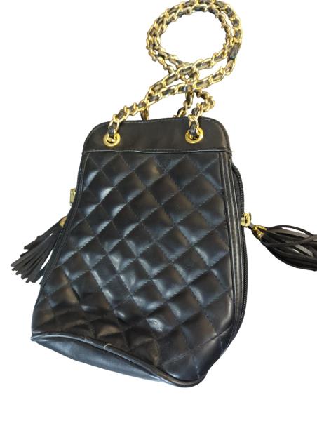 Chanel Quilted Black Leather Purse with Gold Chain, Stud Accents, and Tassel