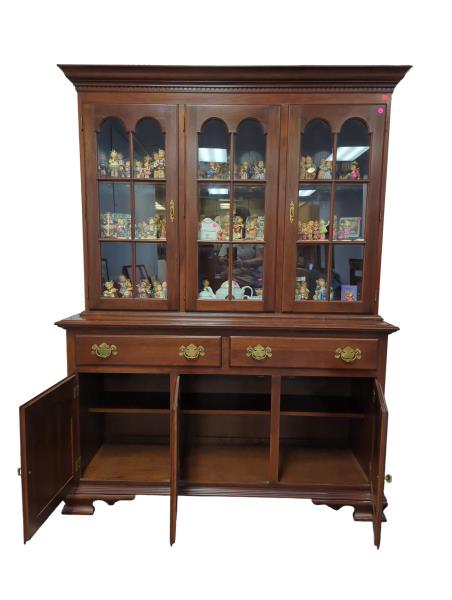 Vintage Wooden Glass Door Cabinet with Figurine Display and Brass Handles