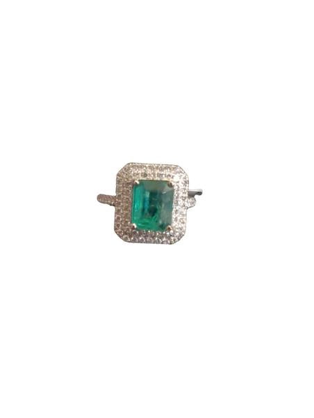 18K White Gold Emerald and Diamond Ring with 1.35 Carat Emerald Center Stone and 72 Round Diamonds