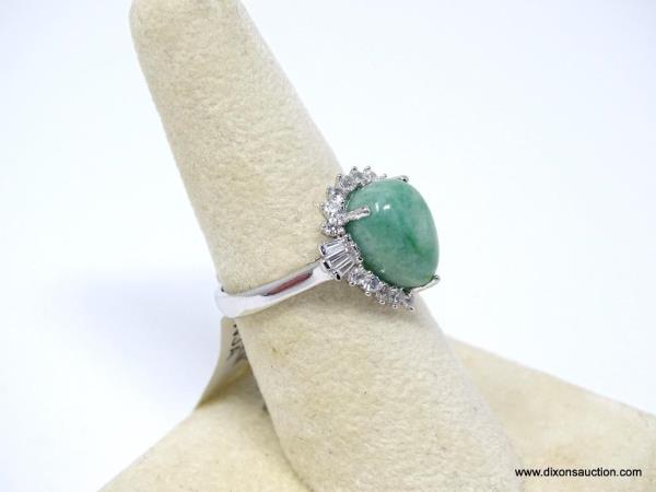 .925 STERLING SILVER DYED GREEN BERYL (EMERALD) AND WHITE SAPPHIRE RING.