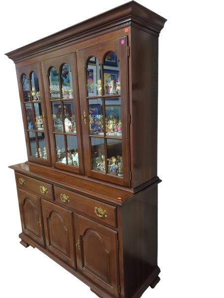 Vintage Wooden Glass Door Cabinet with Figurine Display and Brass Handles