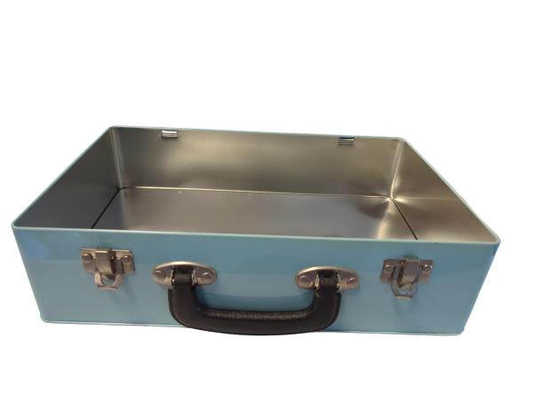 PartyLite Blue Metal Suitcase with Candle Logo Design