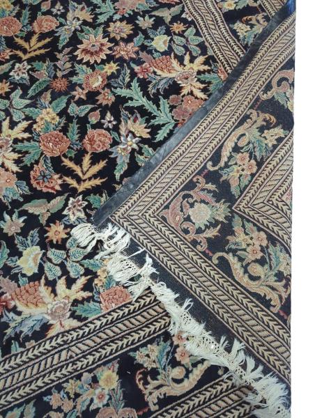 Black Floral Rug with Intricate Border and Fringe