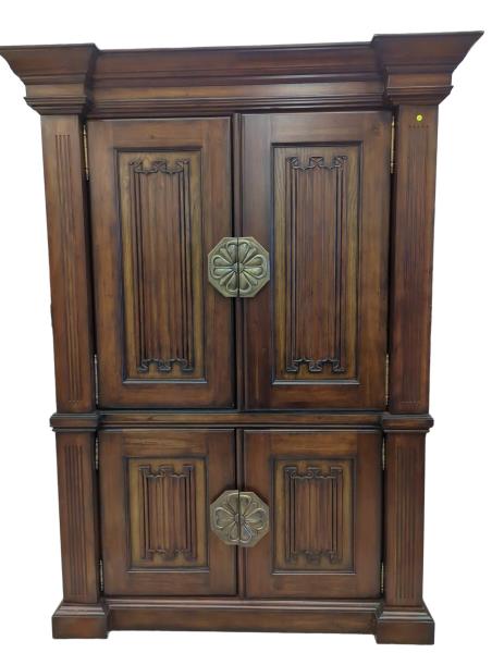 Large Mahogany 2 Piece Liquor Cabinet with Ornate Metal Flower Design Hinges