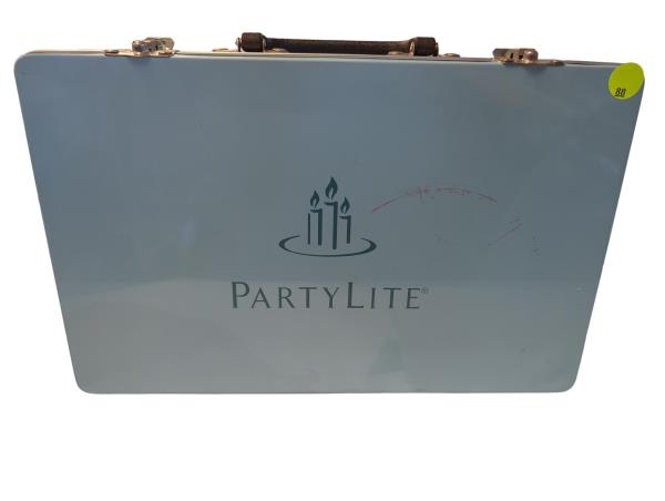 PartyLite Blue Metal Suitcase with Candle Logo Design