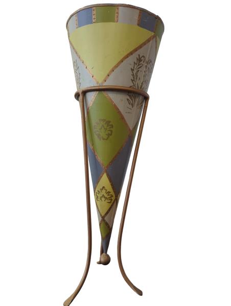 FORESIDE® Cone Shaped Vase with Metal Stand, Yellow Design, Made in India