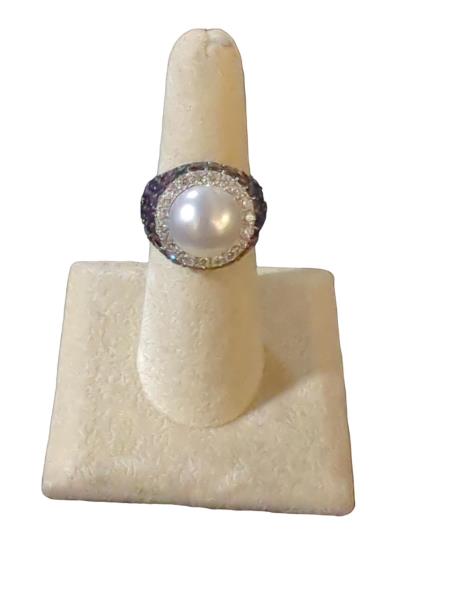 18K White Gold Ring with South Sea Pearl, Diamonds, and Sapphires by Superior Gemological Laboratory