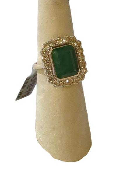 Custom 18K Yellow Gold Lady's Ring with 4.08 Carat Natural Emerald and 1.04 Carat Diamond Accents