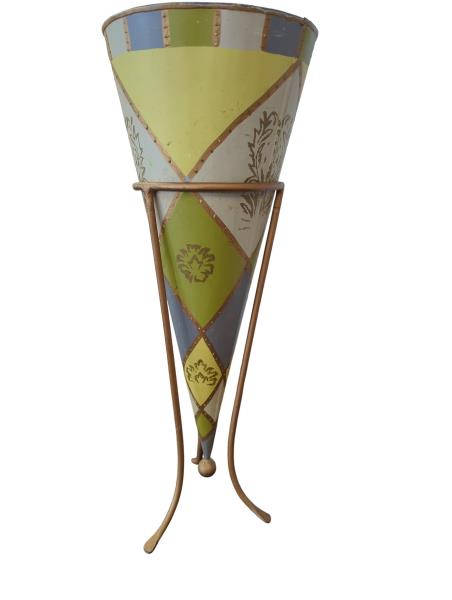 FORESIDE® Cone Shaped Vase with Metal Stand, Yellow Design, Made in India