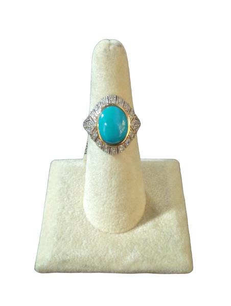 Lady's Oscar Friedman "Sleeping Beauty" Turquoise & Diamond Ring in 14 Kt Yellow Gold with Brilliant Cut Diamonds