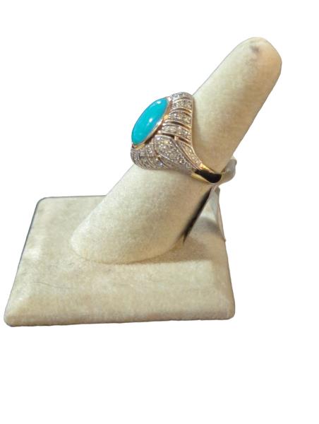 Lady's Oscar Friedman "Sleeping Beauty" Turquoise & Diamond Ring in 14 Kt Yellow Gold with Brilliant Cut Diamonds