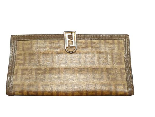 Fendi Zucca Monogram Brown Leather Wallet with Gold Buckle