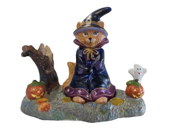 PartyLite AbracADANDLE™ Cat Snuffer & Base Ceramic Candle Holder with Ghost and Pumpkins