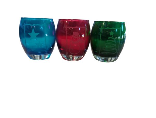 PartyLite Holiday Tealight Trio Candle Holders - Red, Green, and Blue Festive Christmas Designs