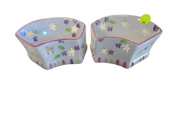 PartyLite Porcelain Bowls with Purple and Pink Floral Design and Stars, Set of Two